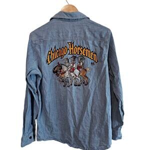 Vintage Chicago Horsemen Denim Blouse Women Lg Blue Renaissance Rock Retro Horse